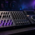 An analog synthesizer, DJ mixer and media player in a hazy dark club booth with purple and blue light