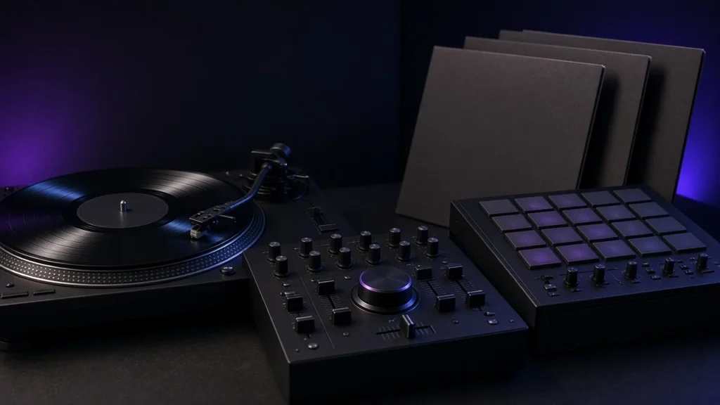 A turntable, DJ mixer and drum machine in a dark studio, evoking the filtered disco sound of French house.