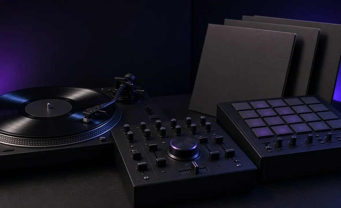 A turntable, DJ mixer and drum machine in a dark studio, evoking the filtered disco sound of French house.