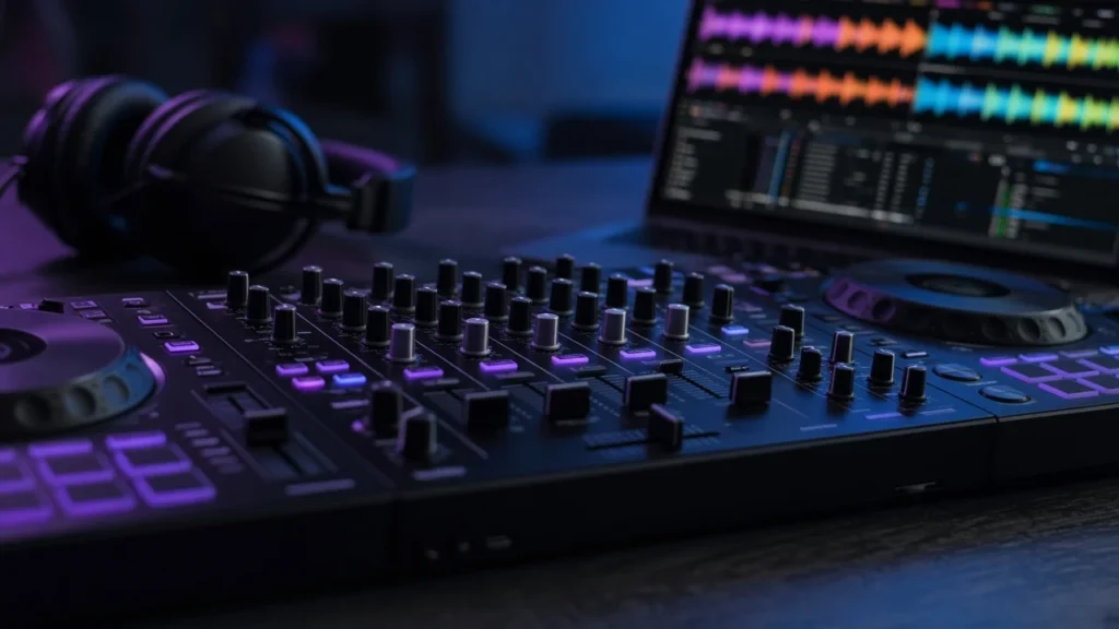 A DJ controller, laptop with waveforms and headphones in a dark studio lit with purple and blue.
