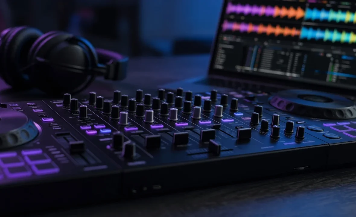 A DJ controller, laptop with waveforms and headphones in a dark studio lit with purple and blue.
