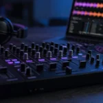 A DJ controller, laptop with waveforms and headphones in a dark studio lit with purple and blue.