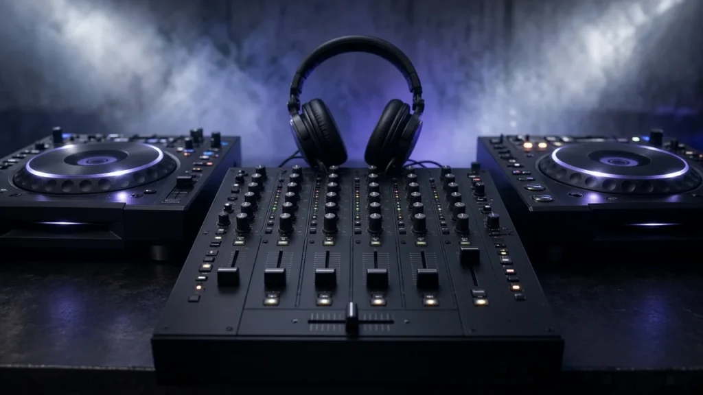 Club mixer and two media players in a dark, hazy industrial techno DJ booth with strobe beams