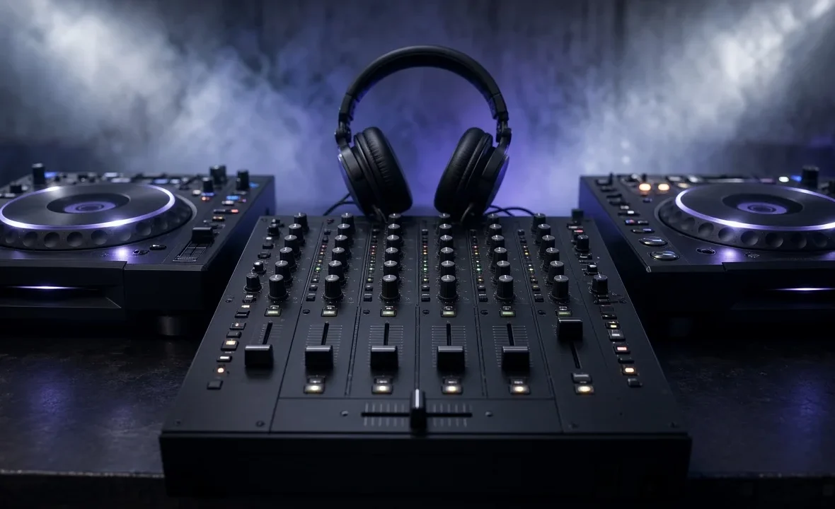 Club mixer and two media players in a dark, hazy industrial techno DJ booth with strobe beams