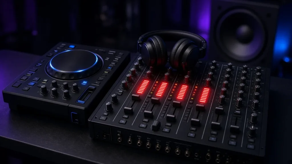 Club DJ mixer with red-peaking level meters next to a media player and headphones in a dark booth