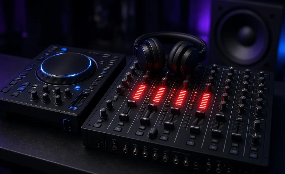 Club DJ mixer with red-peaking level meters next to a media player and headphones in a dark booth