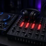 Club DJ mixer with red-peaking level meters next to a media player and headphones in a dark booth