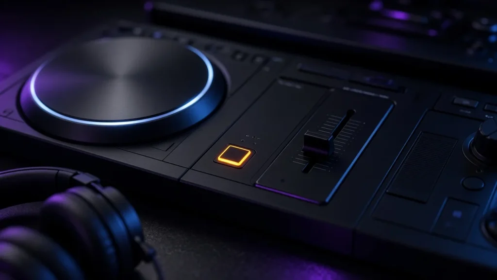 Close-up of a CDJ media player's glowing tempo fader and master tempo button in a dark DJ booth