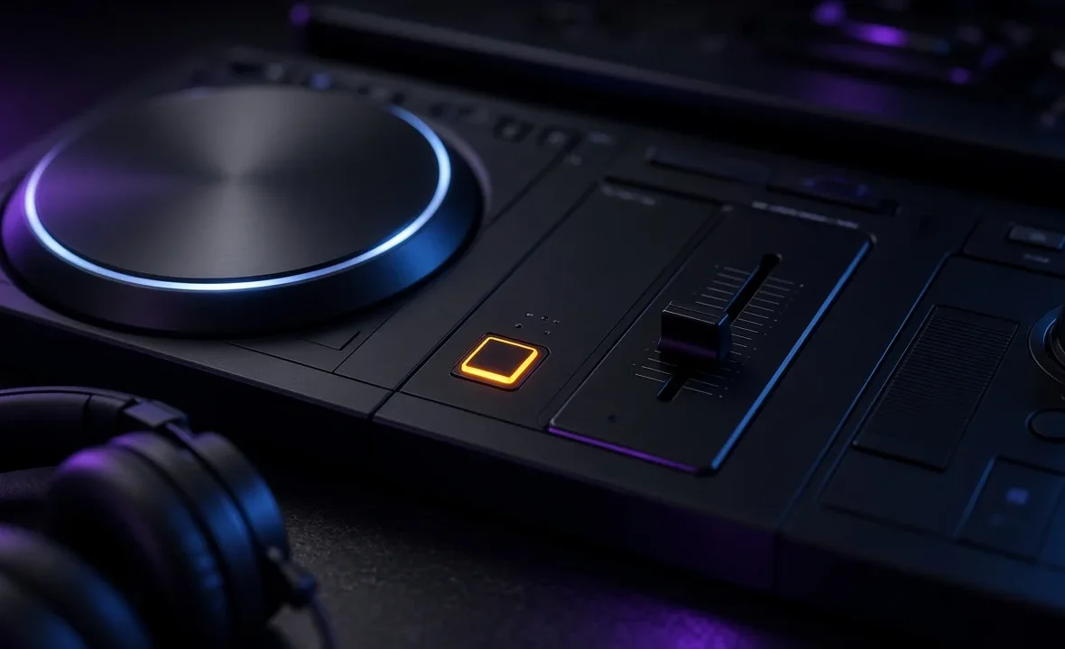 Close-up of a CDJ media player's glowing tempo fader and master tempo button in a dark DJ booth