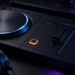 Close-up of a CDJ media player's glowing tempo fader and master tempo button in a dark DJ booth
