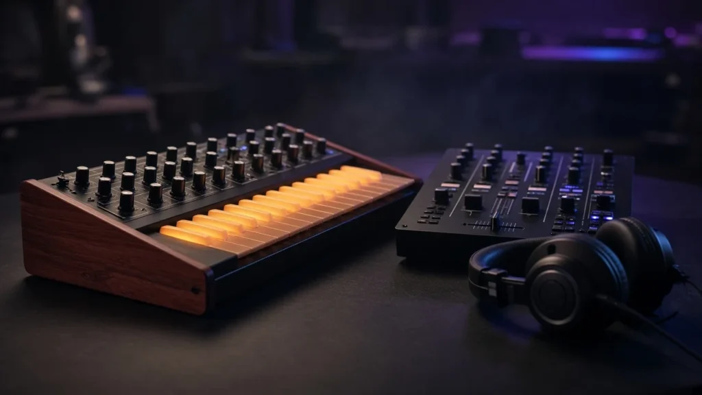 An analogue synthesizer, DJ mixer and headphones in a hazy dark studio, evoking melodic house.