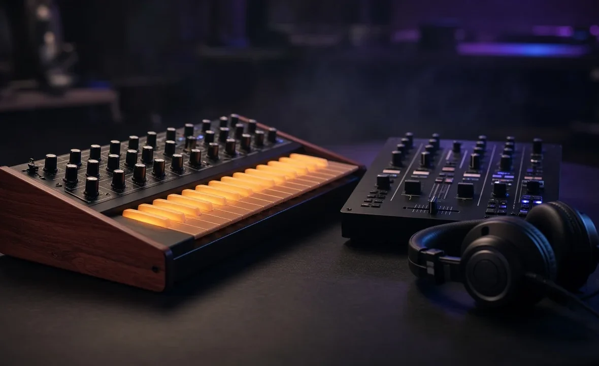 An analogue synthesizer, DJ mixer and headphones in a hazy dark studio, evoking melodic house.
