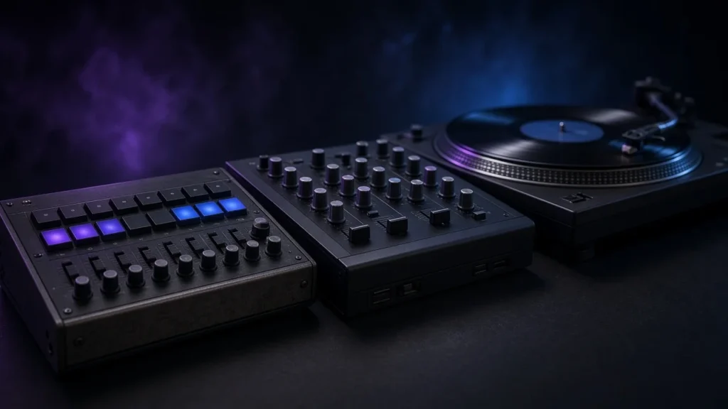 A drum machine, a rotary club mixer and a turntable in a dark, hazy booth, evoking minimal techno.