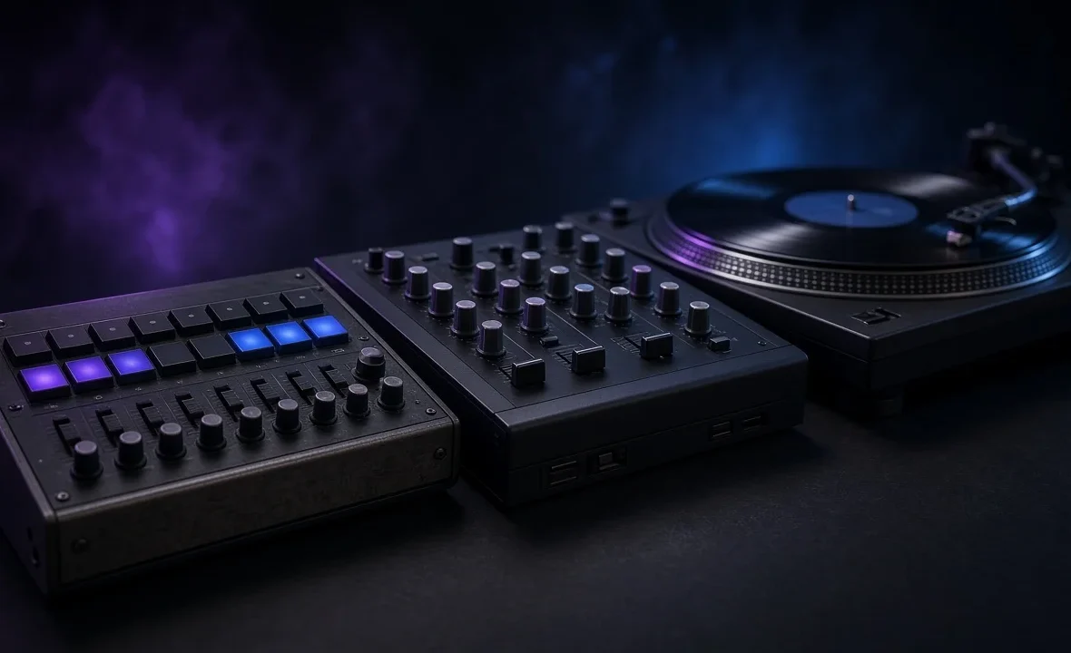 A drum machine, a rotary club mixer and a turntable in a dark, hazy booth, evoking minimal techno.
