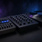 A drum machine, a rotary club mixer and a turntable in a dark, hazy booth, evoking minimal techno.