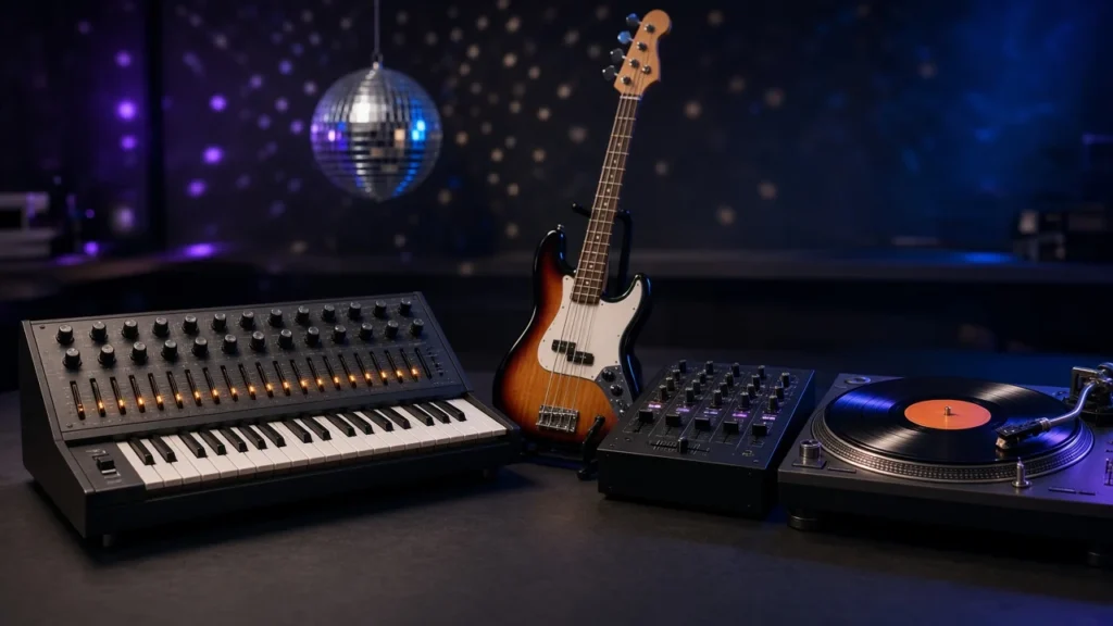 Vintage synthesizer, bass guitar, DJ mixer and turntable with a small disco ball in a dark studio
