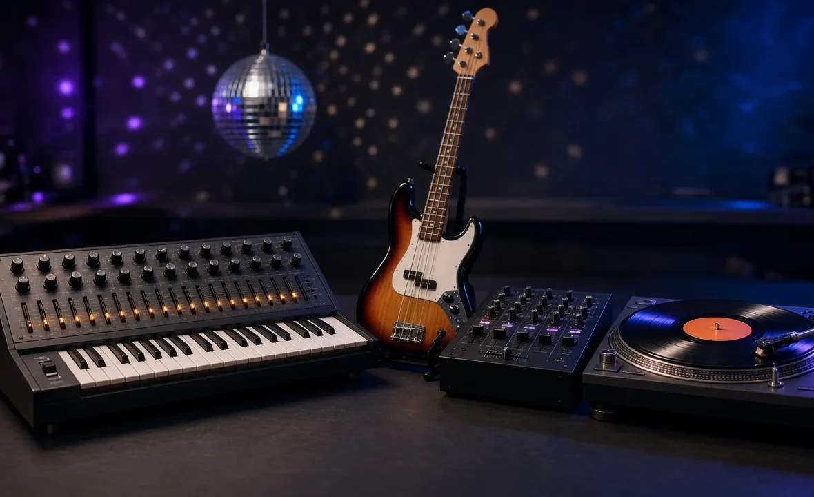 Vintage synthesizer, bass guitar, DJ mixer and turntable with a small disco ball in a dark studio