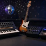 Vintage synthesizer, bass guitar, DJ mixer and turntable with a small disco ball in a dark studio