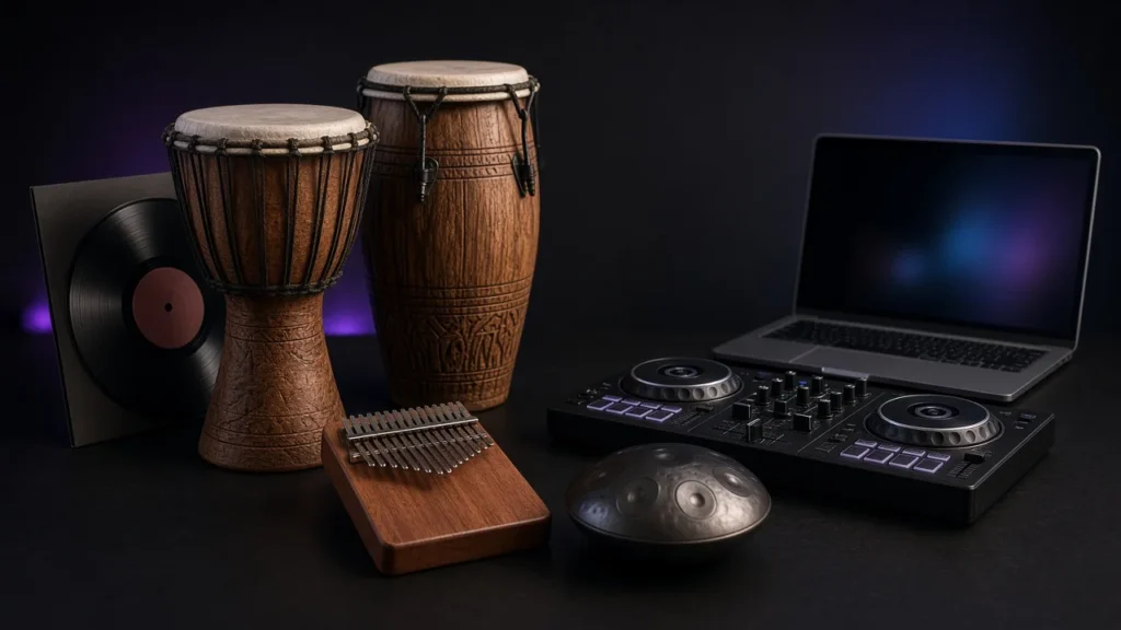 Wooden hand drums, a kalimba and a handpan beside a DJ controller and laptop in a dark studio