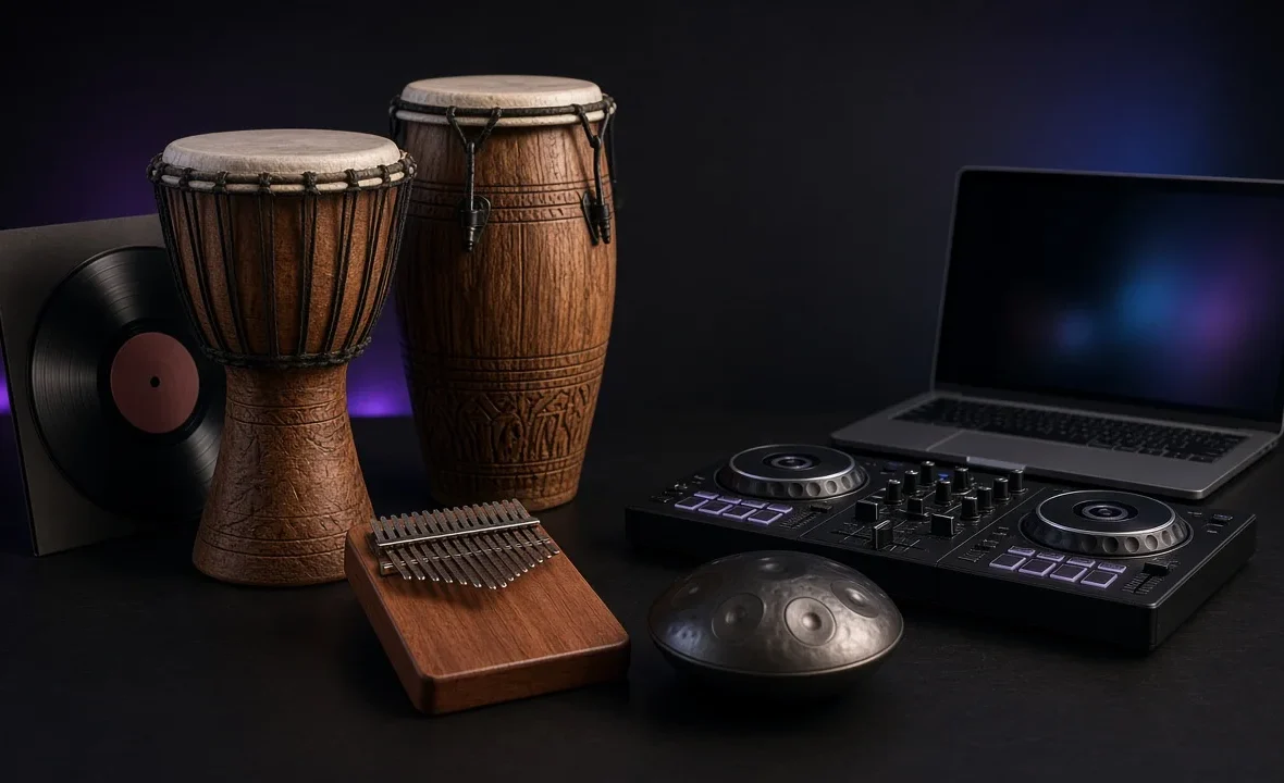 Wooden hand drums, a kalimba and a handpan beside a DJ controller and laptop in a dark studio