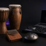 Wooden hand drums, a kalimba and a handpan beside a DJ controller and laptop in a dark studio