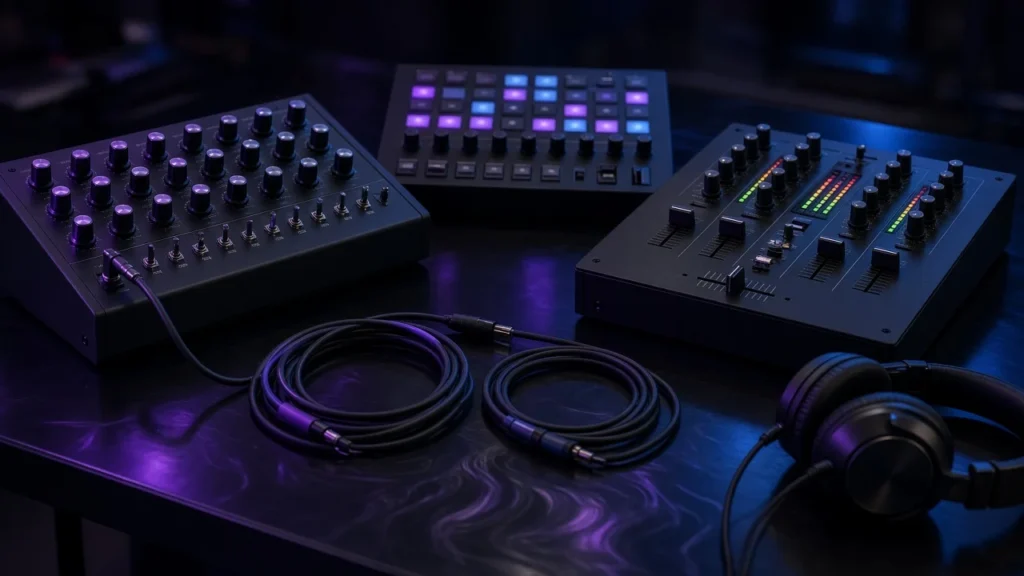 Analogue synthesizer, drum machine and DJ mixer glowing on a dark studio desk