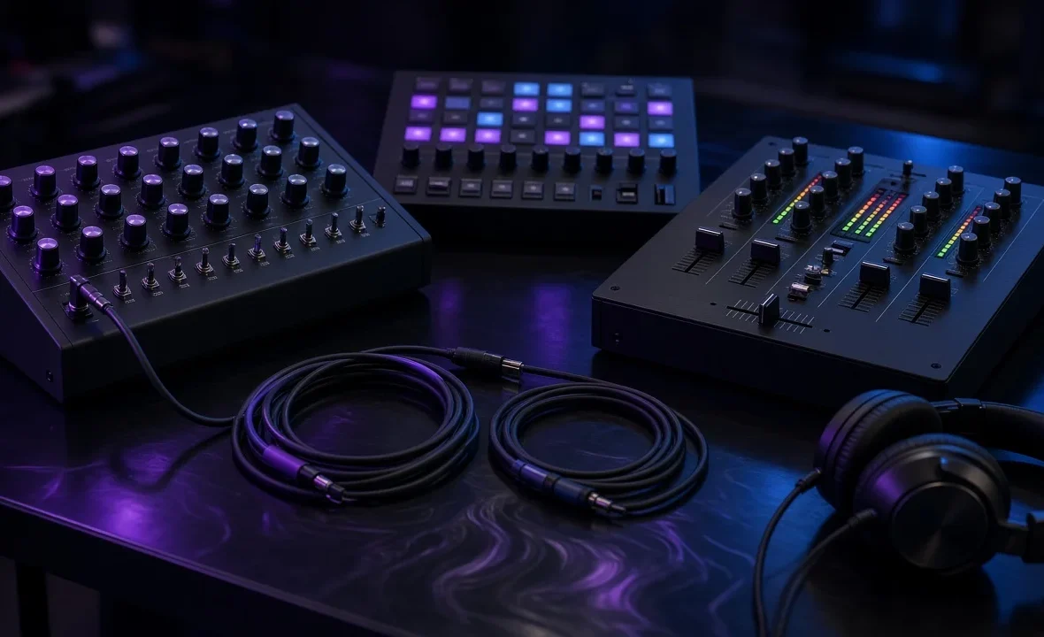 Analogue synthesizer, drum machine and DJ mixer glowing on a dark studio desk