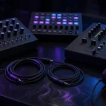 Analogue synthesizer, drum machine and DJ mixer glowing on a dark studio desk