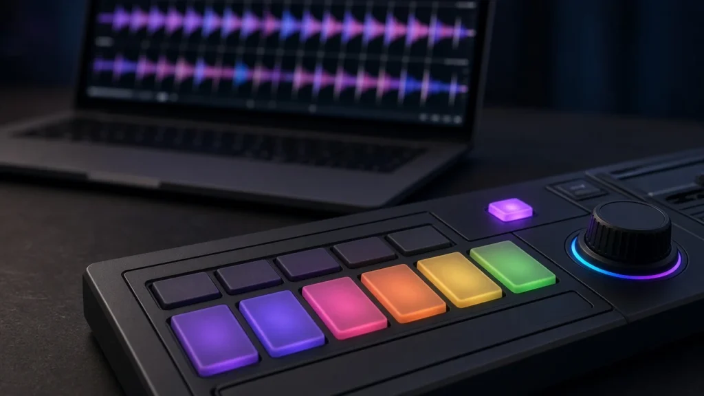Glowing hot cue pads and a quantize button on a DJ controller with beat-grid waveforms behind