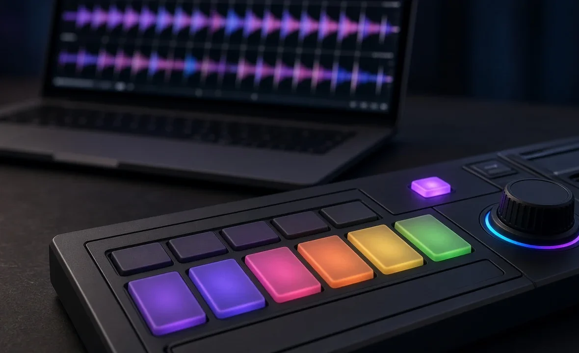 Glowing hot cue pads and a quantize button on a DJ controller with beat-grid waveforms behind