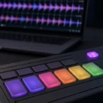 Glowing hot cue pads and a quantize button on a DJ controller with beat-grid waveforms behind
