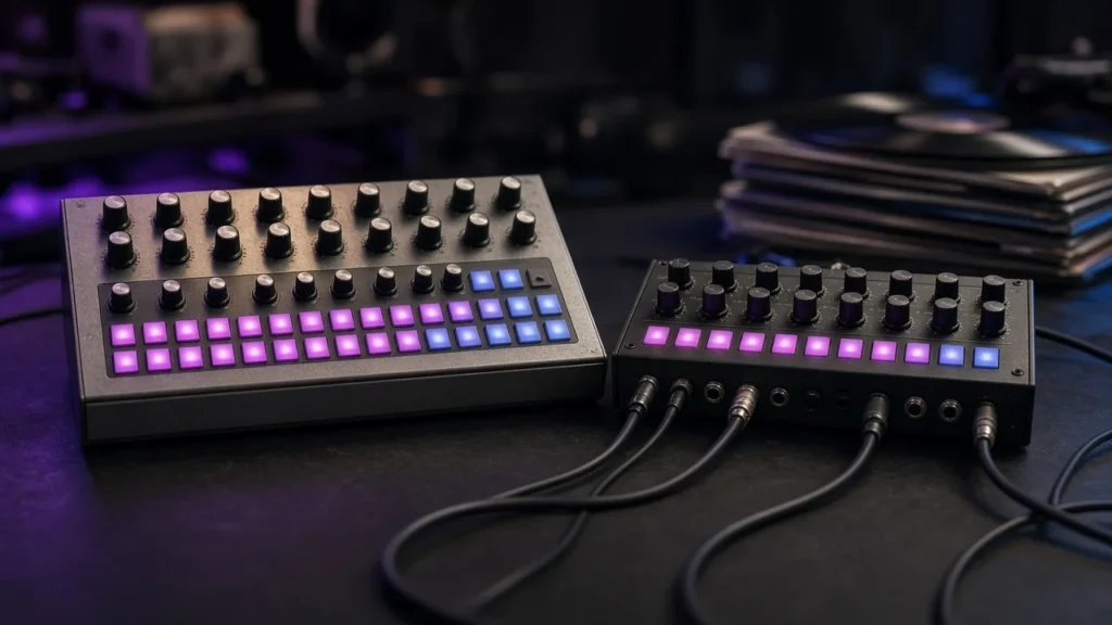 Analogue drum machine and bass synthesizer with glowing step buttons in a dark studio