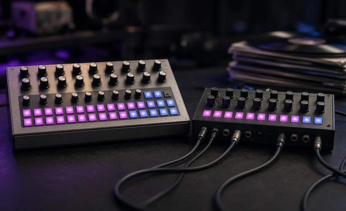 Analogue drum machine and bass synthesizer with glowing step buttons in a dark studio
