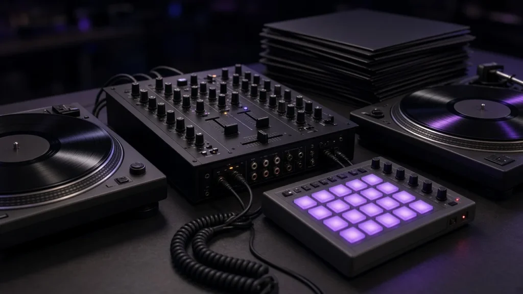 Two turntables, a DJ mixer, a sampler and a stack of vinyl records in a dark DJ booth