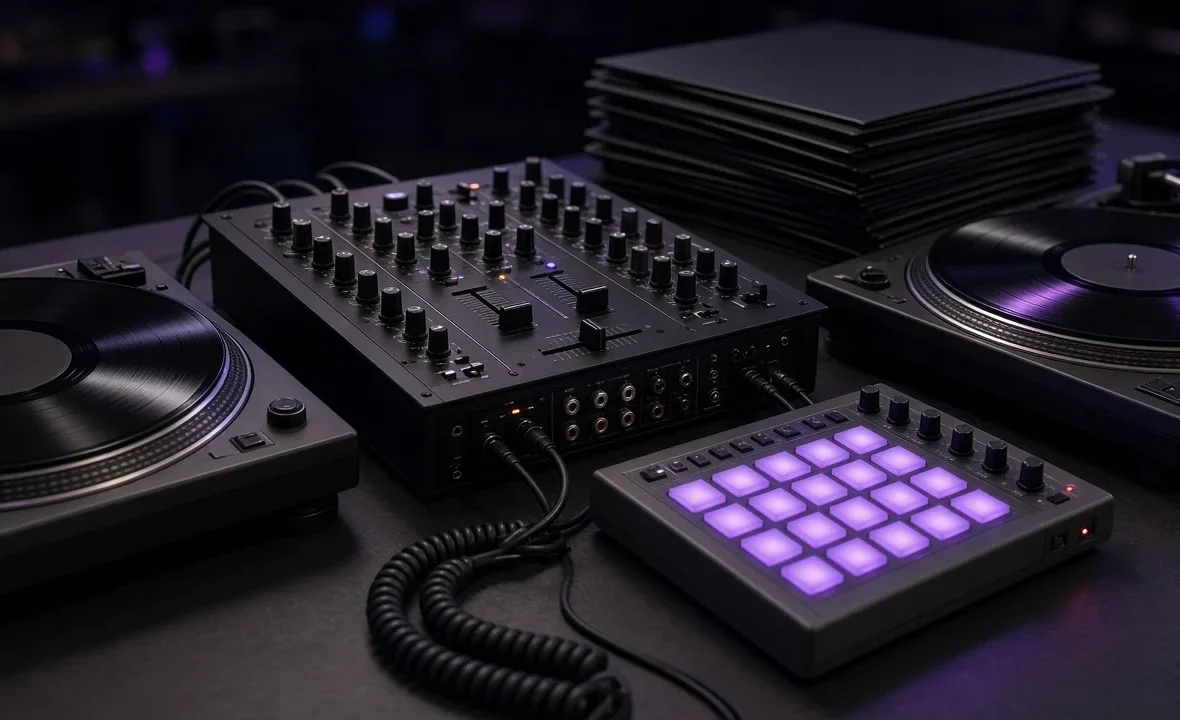 Two turntables, a DJ mixer, a sampler and a stack of vinyl records in a dark DJ booth