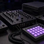 Two turntables, a DJ mixer, a sampler and a stack of vinyl records in a dark DJ booth