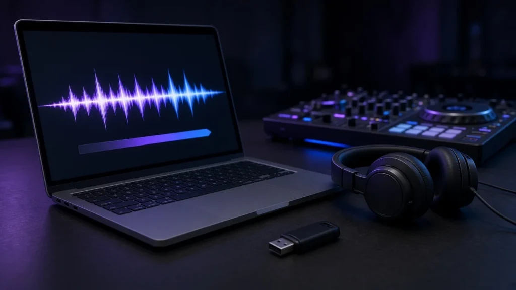 Laptop showing an audio waveform beside headphones and a DJ controller in a dark studio