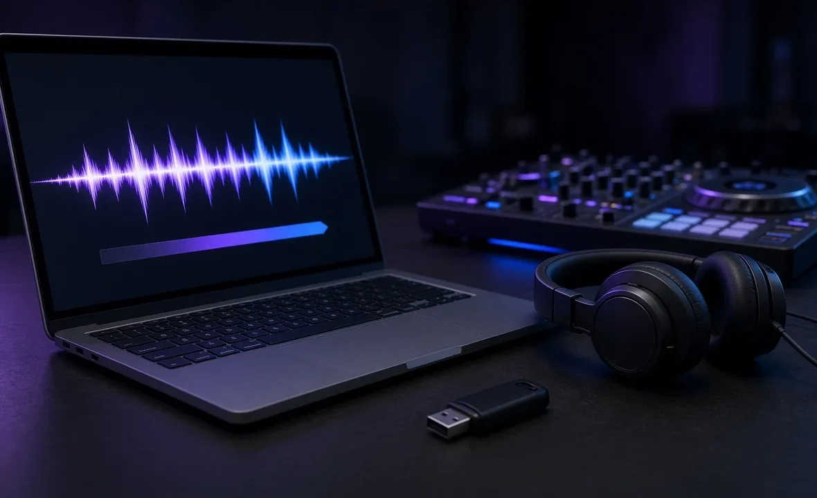 Laptop showing an audio waveform beside headphones and a DJ controller in a dark studio