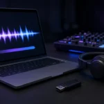 Laptop showing an audio waveform beside headphones and a DJ controller in a dark studio